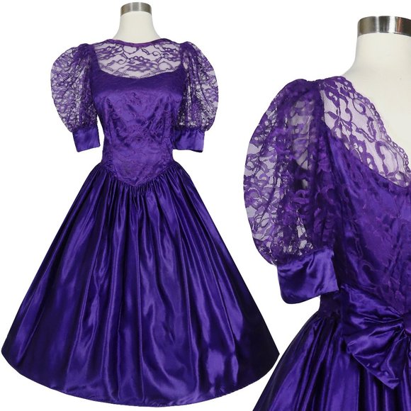 Vintage 80sPurple Lace Short Puff Sleeves Full Hi Lo Skirt Prom Party Dress M